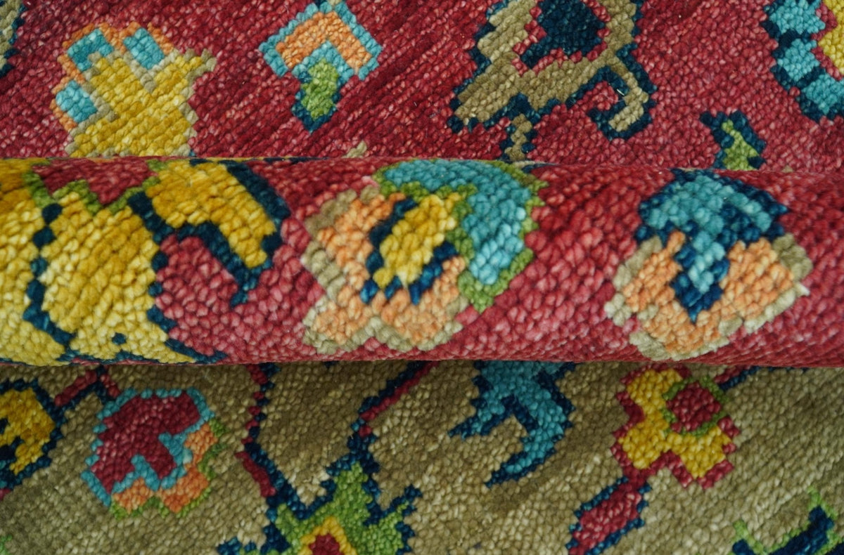 Custom Made Traditional Heriz Design Maroon And Olive Hand Knotted Wool Rug.