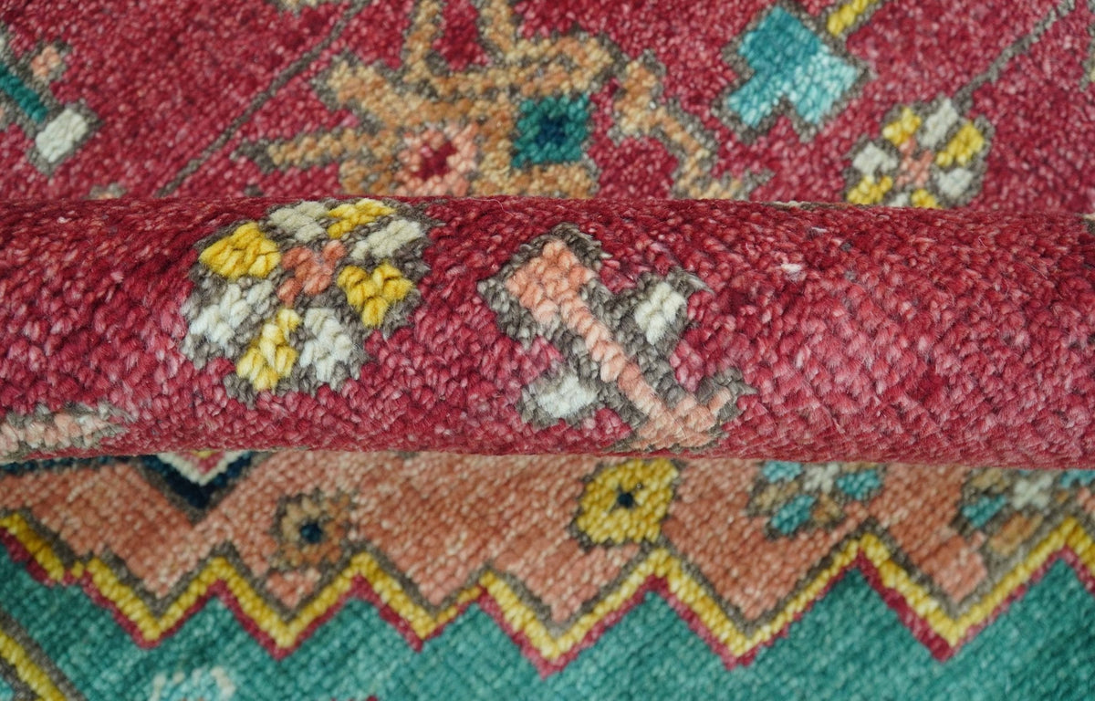 Custom Made Traditional Heriz Design Red And Green Hand Knotted Wool Rug.