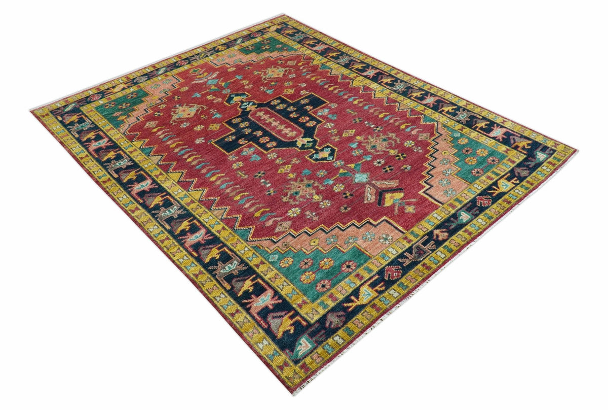 Custom Made Traditional Heriz Design Red And Green Hand Knotted Wool Rug.
