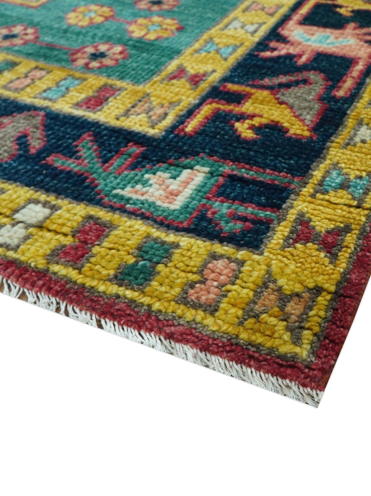 Custom Made Traditional Heriz Design Red And Green Hand Knotted Wool Rug.