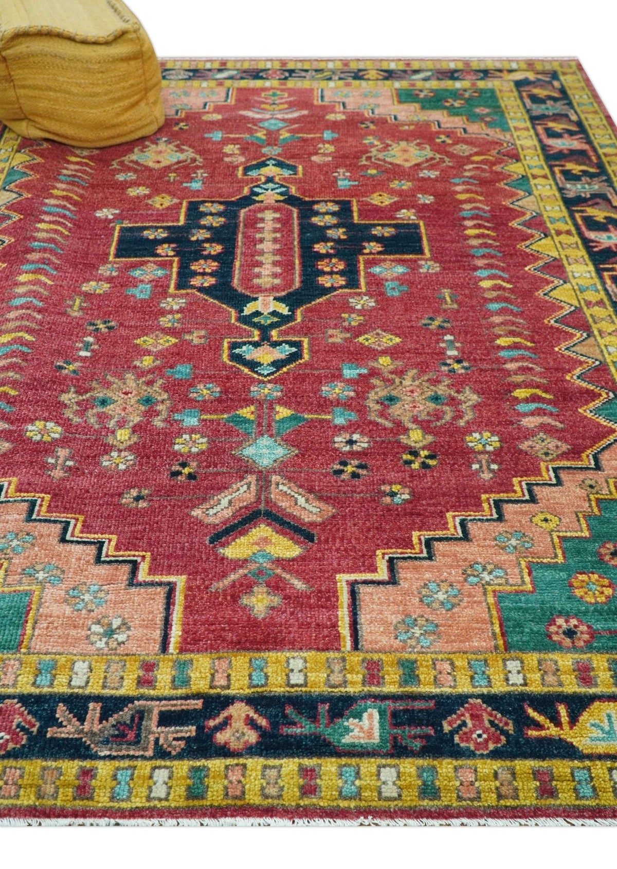 Custom Made Traditional Heriz Design Red And Green Hand Knotted Wool Rug.