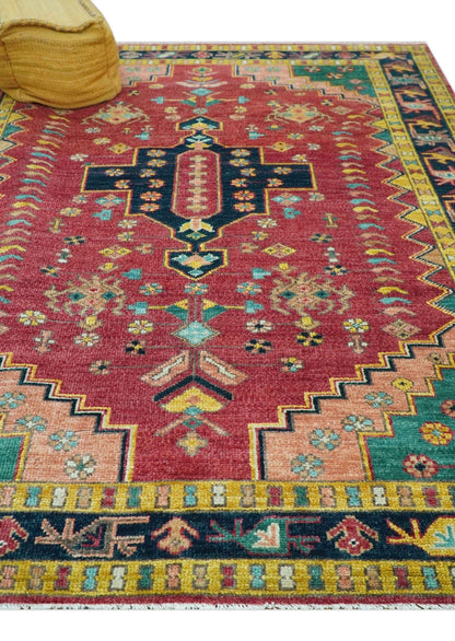 Custom Made Traditional Heriz Design Red And Green Hand Knotted Wool Rug.