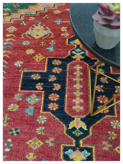 Custom Made Traditional Heriz Design Red And Green Hand Knotted Wool Rug.
