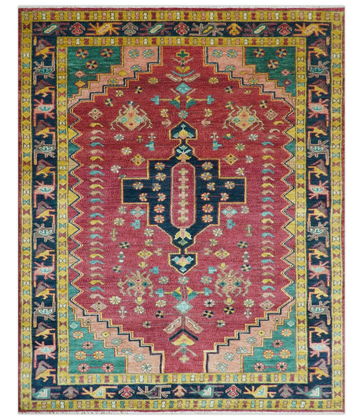 Custom Made Traditional Heriz Design Red And Green Hand Knotted Wool Rug.