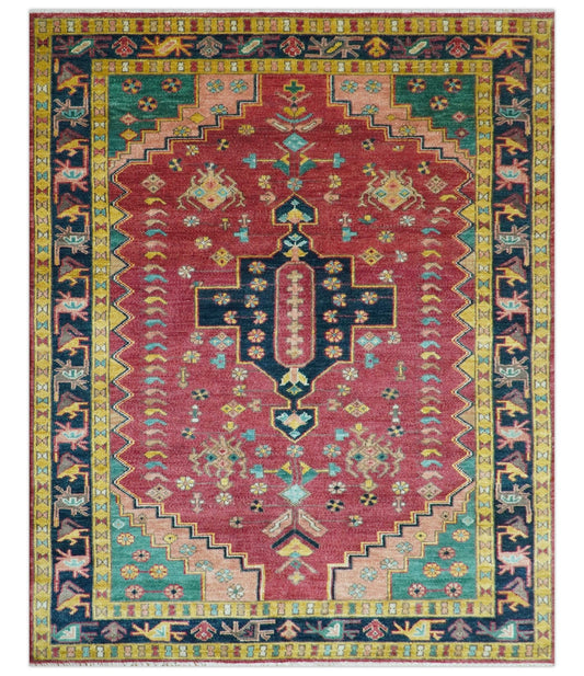 Custom Made Traditional Heriz Design Red And Green Hand Knotted Wool Rug.