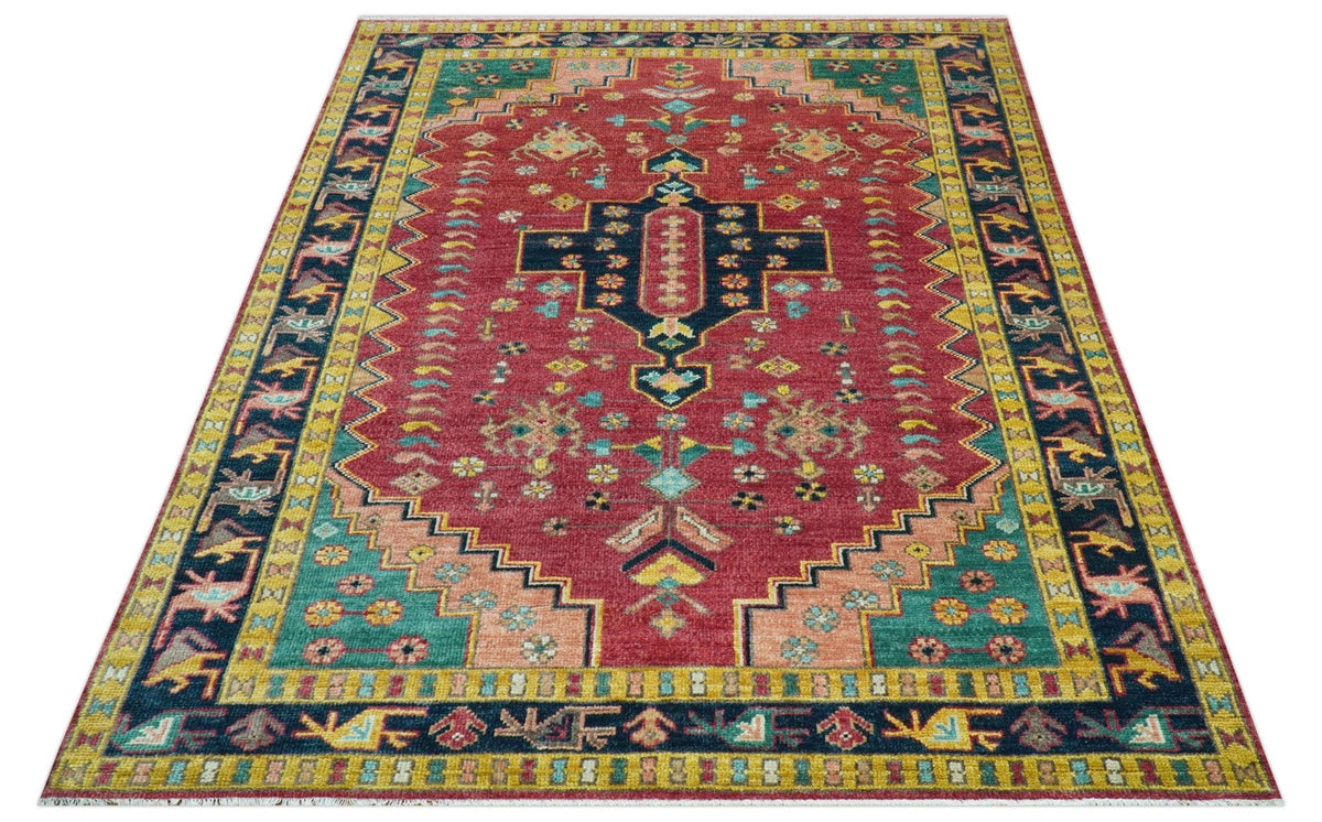 Custom Made Traditional Heriz Design Red And Green Hand Knotted Wool Rug.
