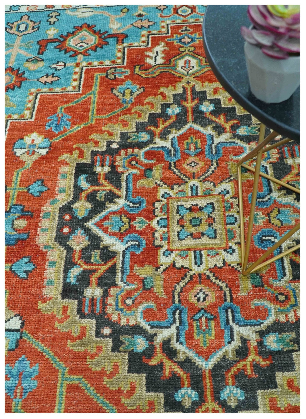 Custom Made Traditional Heriz Design Rust And Blue Hand Knotted Wool Rug.