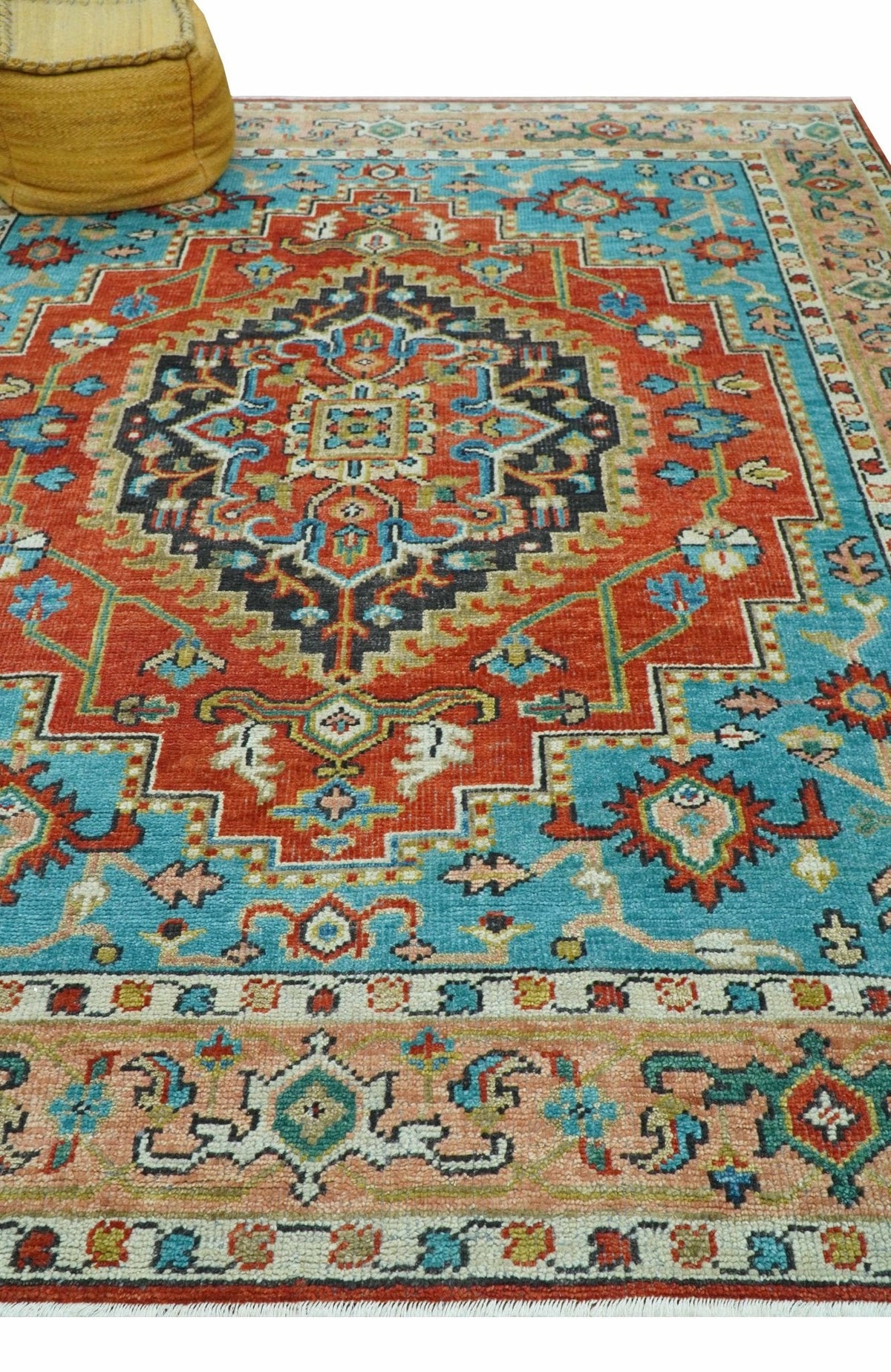 Custom Made Traditional Heriz Design Rust And Blue Hand Knotted Wool Rug.
