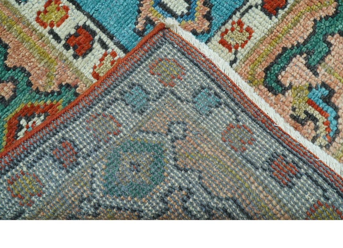 Custom Made Traditional Heriz Design Rust And Blue Hand Knotted Wool Rug.