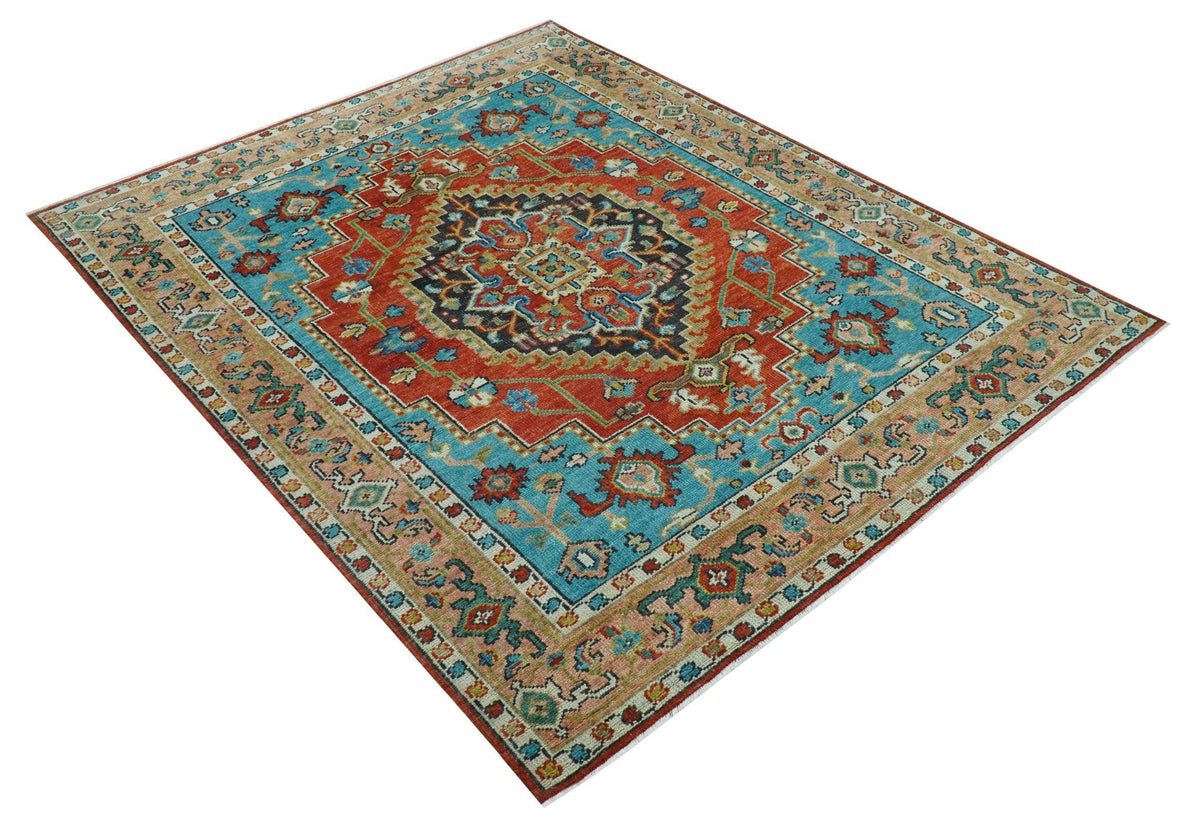 Custom Made Traditional Heriz Design Rust And Blue Hand Knotted Wool Rug.
