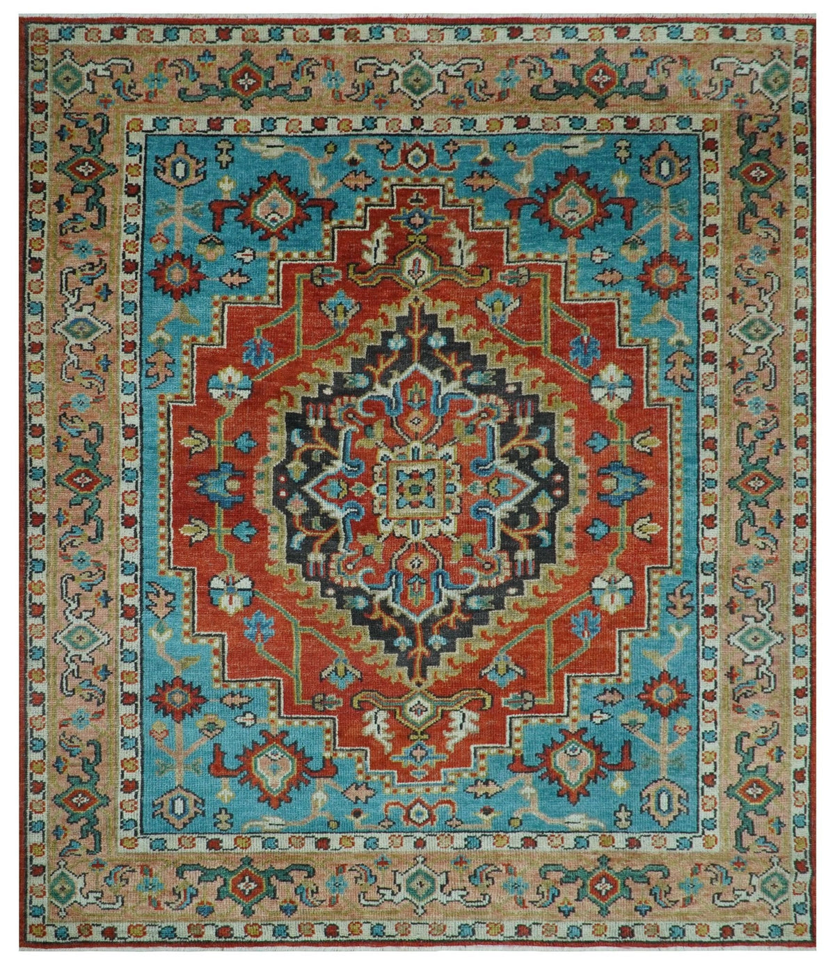 Custom Made Traditional Heriz Design Rust And Blue Hand Knotted Wool Rug.