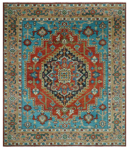 Custom Made Traditional Heriz Design Rust And Blue Hand Knotted Wool Rug.