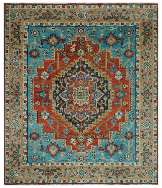 Custom Made Traditional Heriz Design Rust And Blue Hand Knotted Wool Rug.