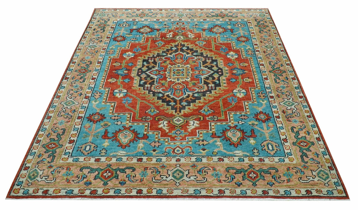Custom Made Traditional Heriz Design Rust And Blue Hand Knotted Wool Rug.