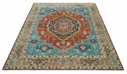 Custom Made Traditional Heriz Design Rust And Blue Hand Knotted Wool Rug.