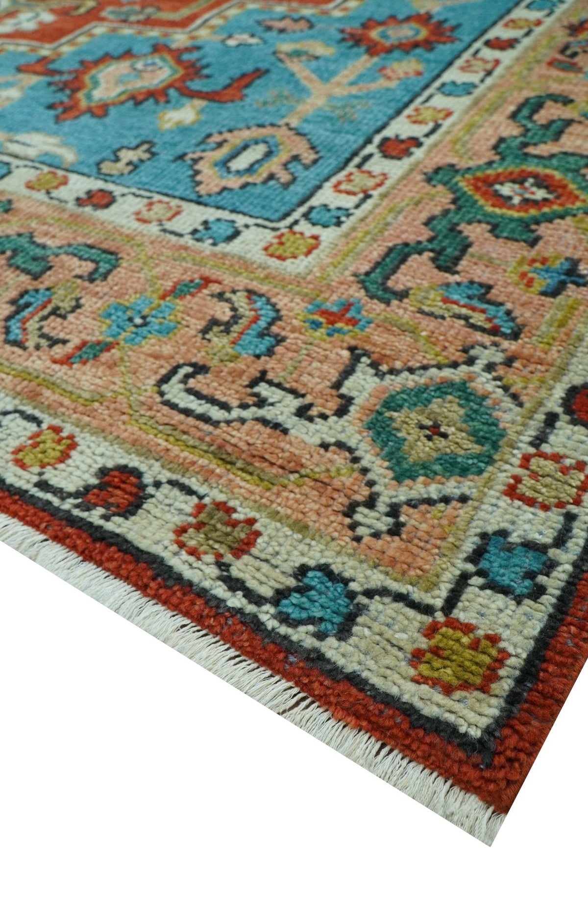 Custom Made Traditional Heriz Design Rust And Blue Hand Knotted Wool Rug.