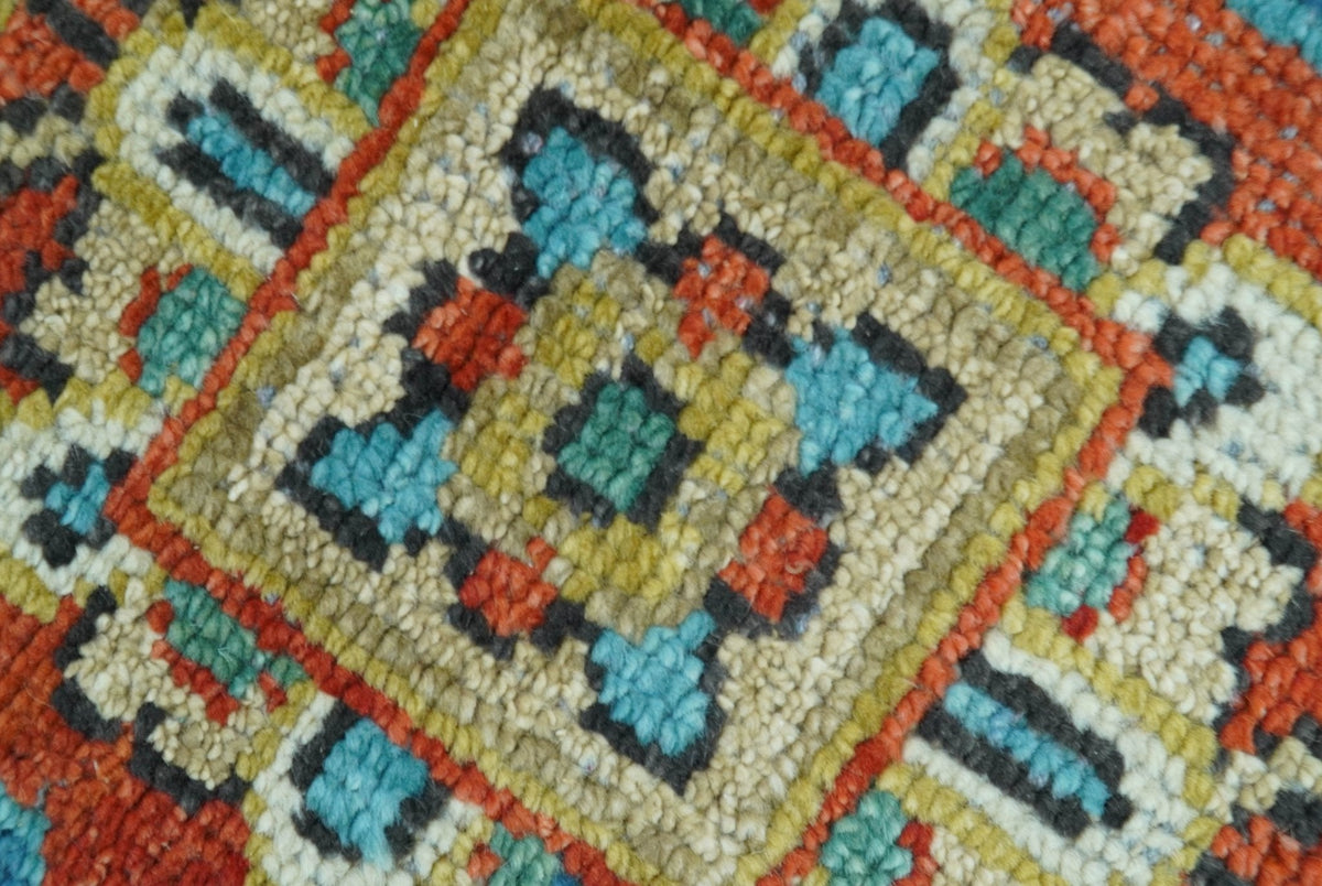 Custom Made Traditional Heriz Design Rust And Blue Hand Knotted Wool Rug.