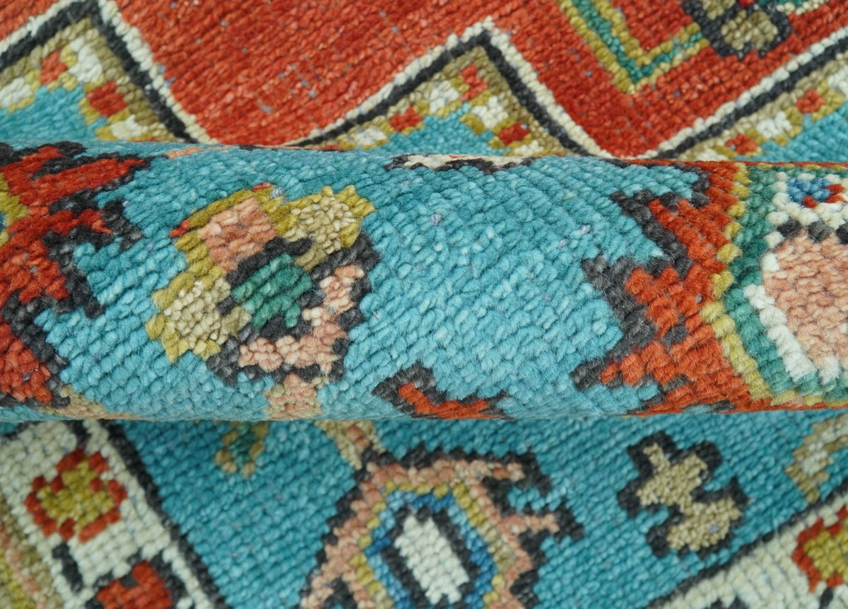 Custom Made Traditional Heriz Design Rust And Blue Hand Knotted Wool Rug.
