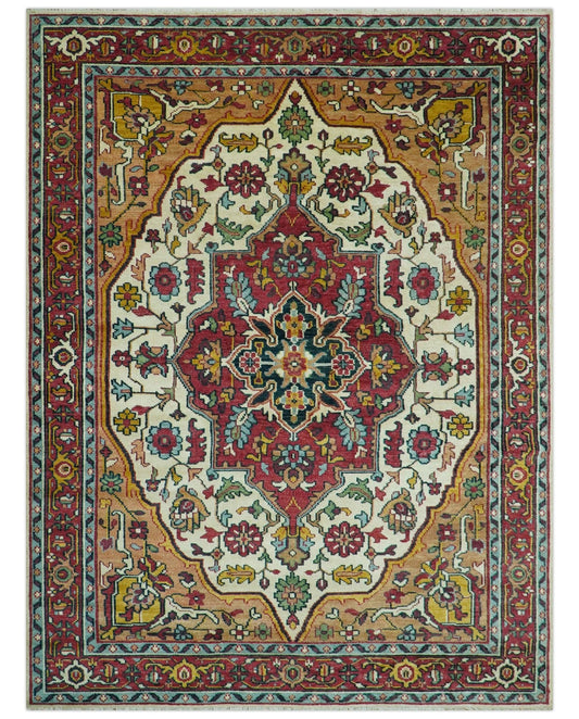 Custom Made Traditional Heriz Design Rust And Ivory Hand Knotted Wool Rug.