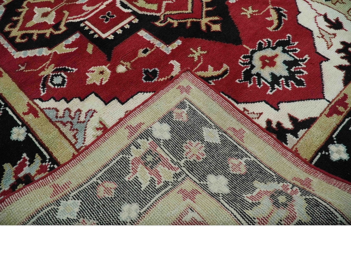 Custom Made Traditional Heriz Maroon, Olive and Black Floral Hand Knotted wool Rug.