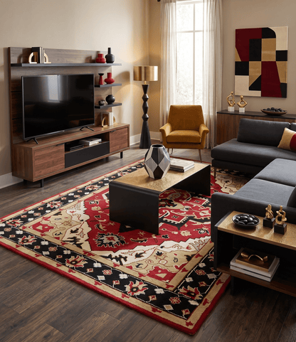 Custom Made Traditional Heriz Maroon, Olive and Black Floral Hand Knotted wool Rug.