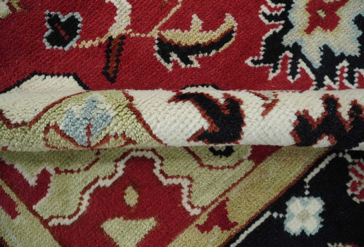 Custom Made Traditional Heriz Maroon, Olive and Black Floral Hand Knotted wool Rug.