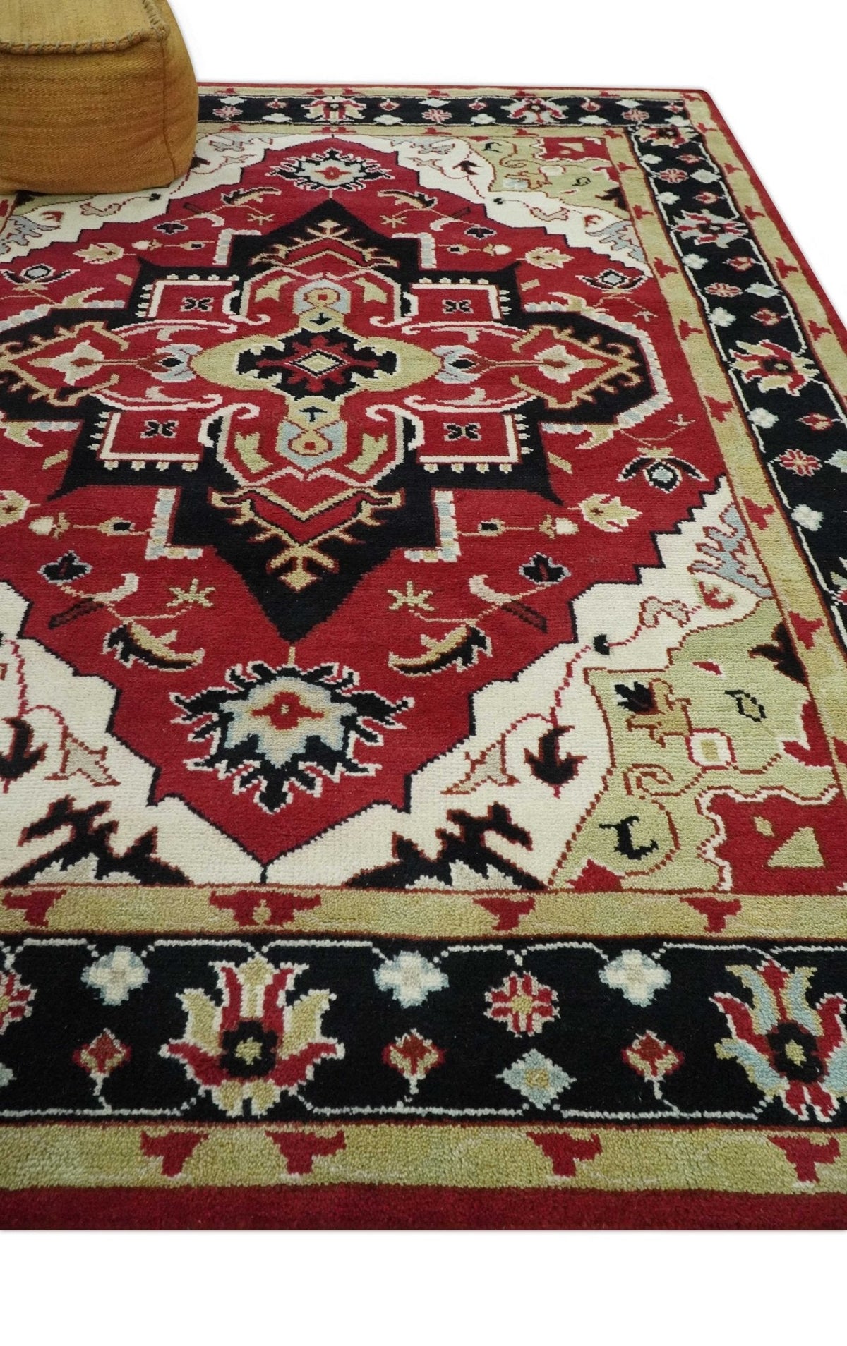 Custom Made Traditional Heriz Maroon, Olive and Black Floral Hand Knotted wool Rug.