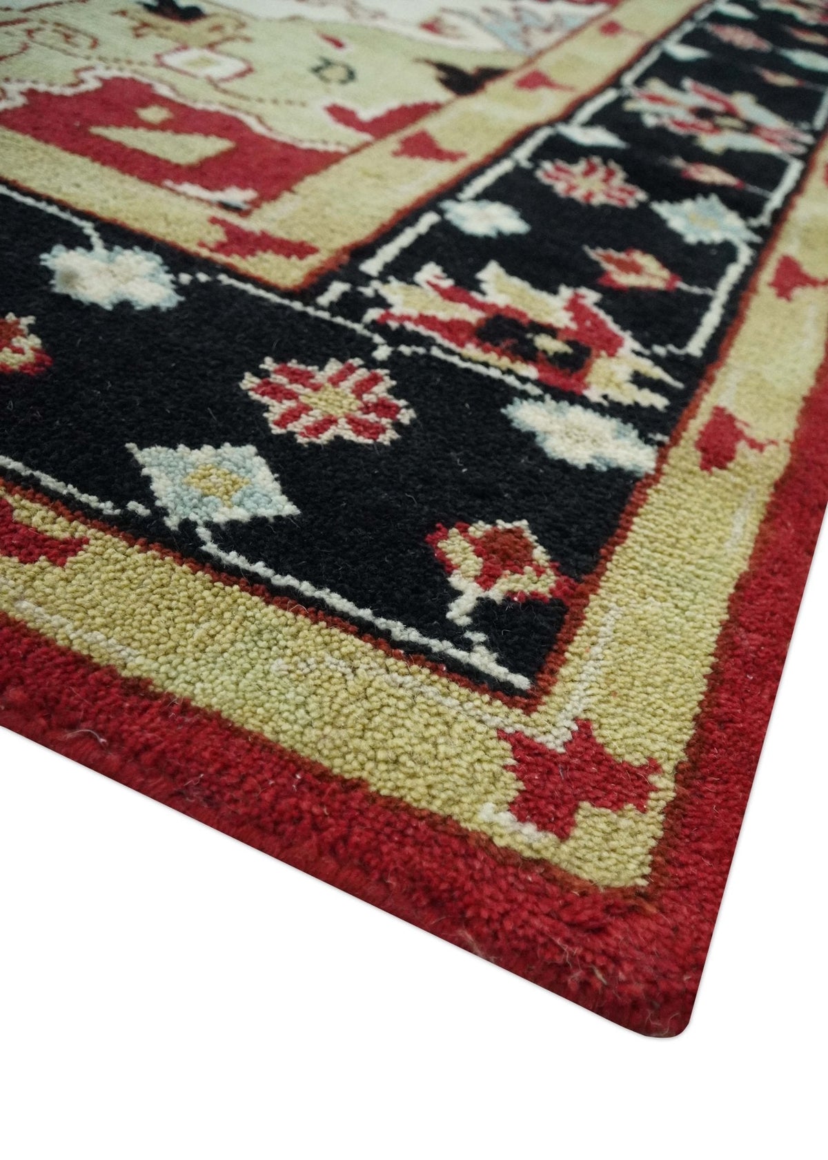 Custom Made Traditional Heriz Maroon, Olive and Black Floral Hand Knotted wool Rug.