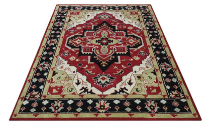 Custom Made Traditional Heriz Maroon, Olive and Black Floral Hand Knotted wool Rug.