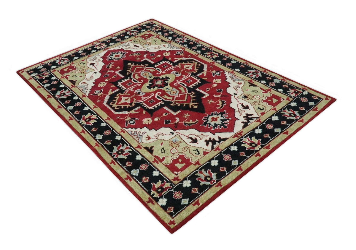 Custom Made Traditional Heriz Maroon, Olive and Black Floral Hand Knotted wool Rug.