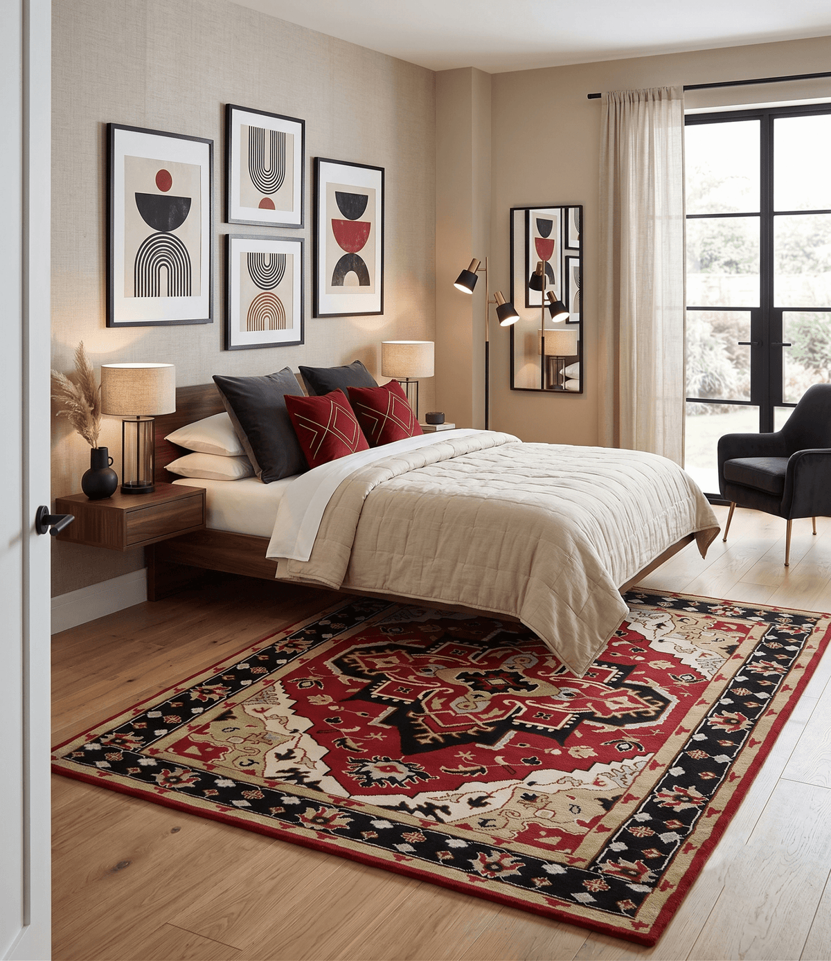 Custom Made Traditional Heriz Maroon, Olive and Black Floral Hand Knotted wool Rug.