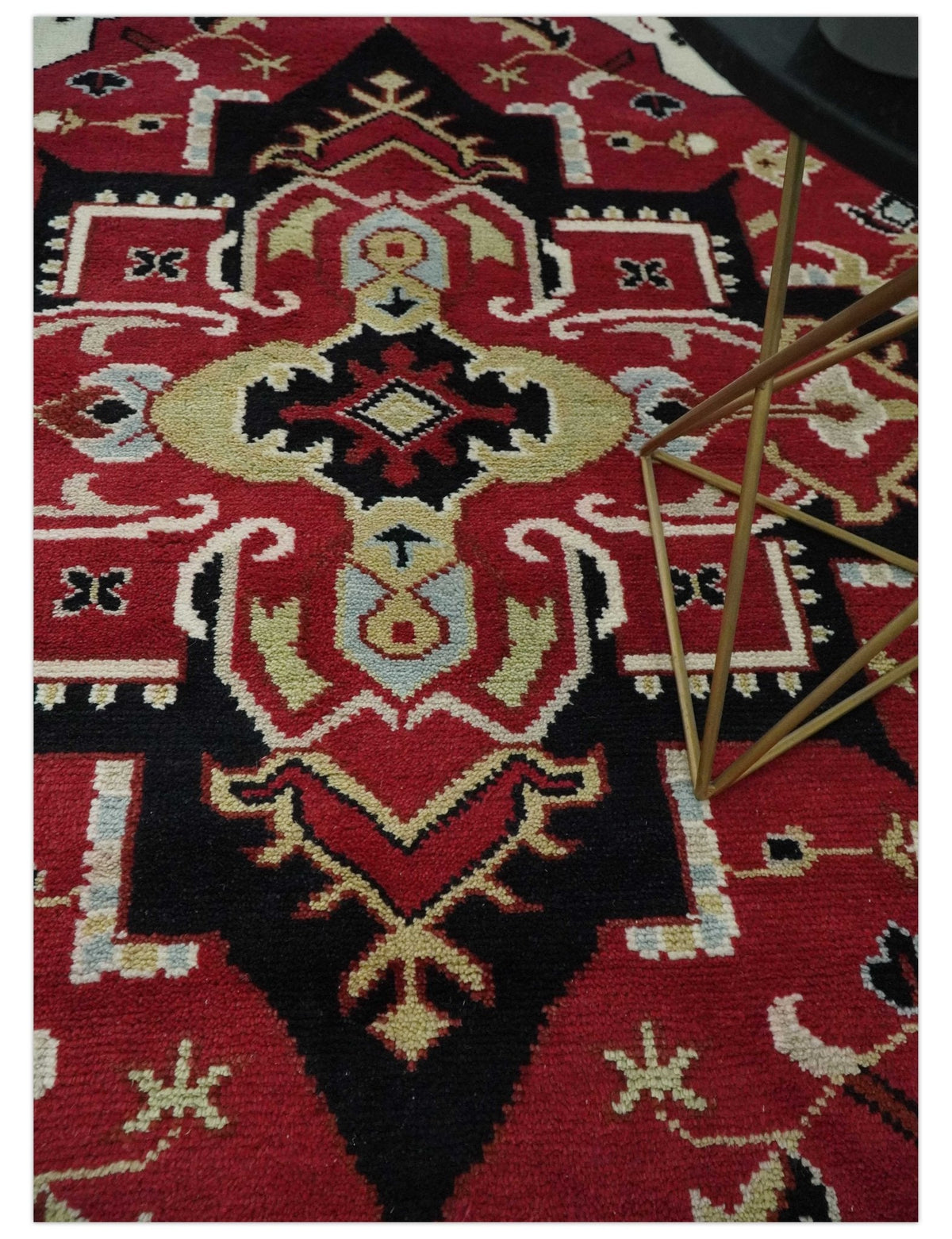 Custom Made Traditional Heriz Maroon, Olive and Black Floral Hand Knotted wool Rug.