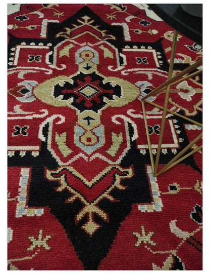 Custom Made Traditional Heriz Maroon, Olive and Black Floral Hand Knotted wool Rug.