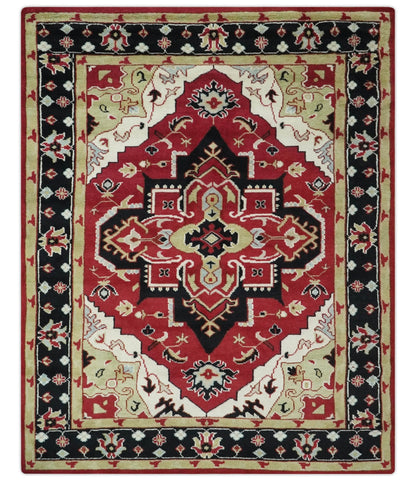 Custom Made Traditional Heriz Maroon, Olive and Black Floral Hand Knotted wool Rug.
