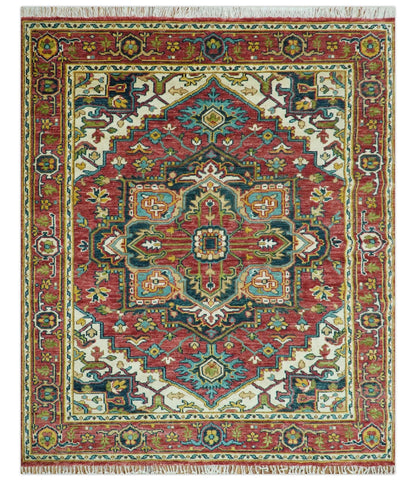 Custom Made Traditional Heriz Red And Ivory Hand Knotted Wool Rug.