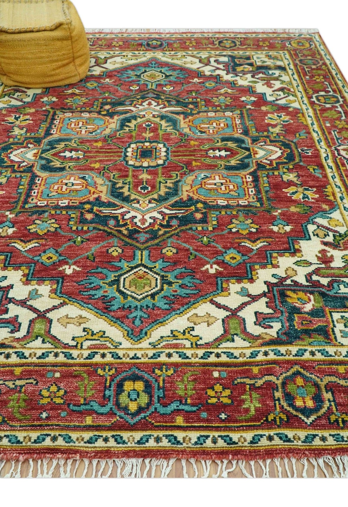 Custom Made Traditional Heriz Red And Ivory Hand Knotted Wool Rug.