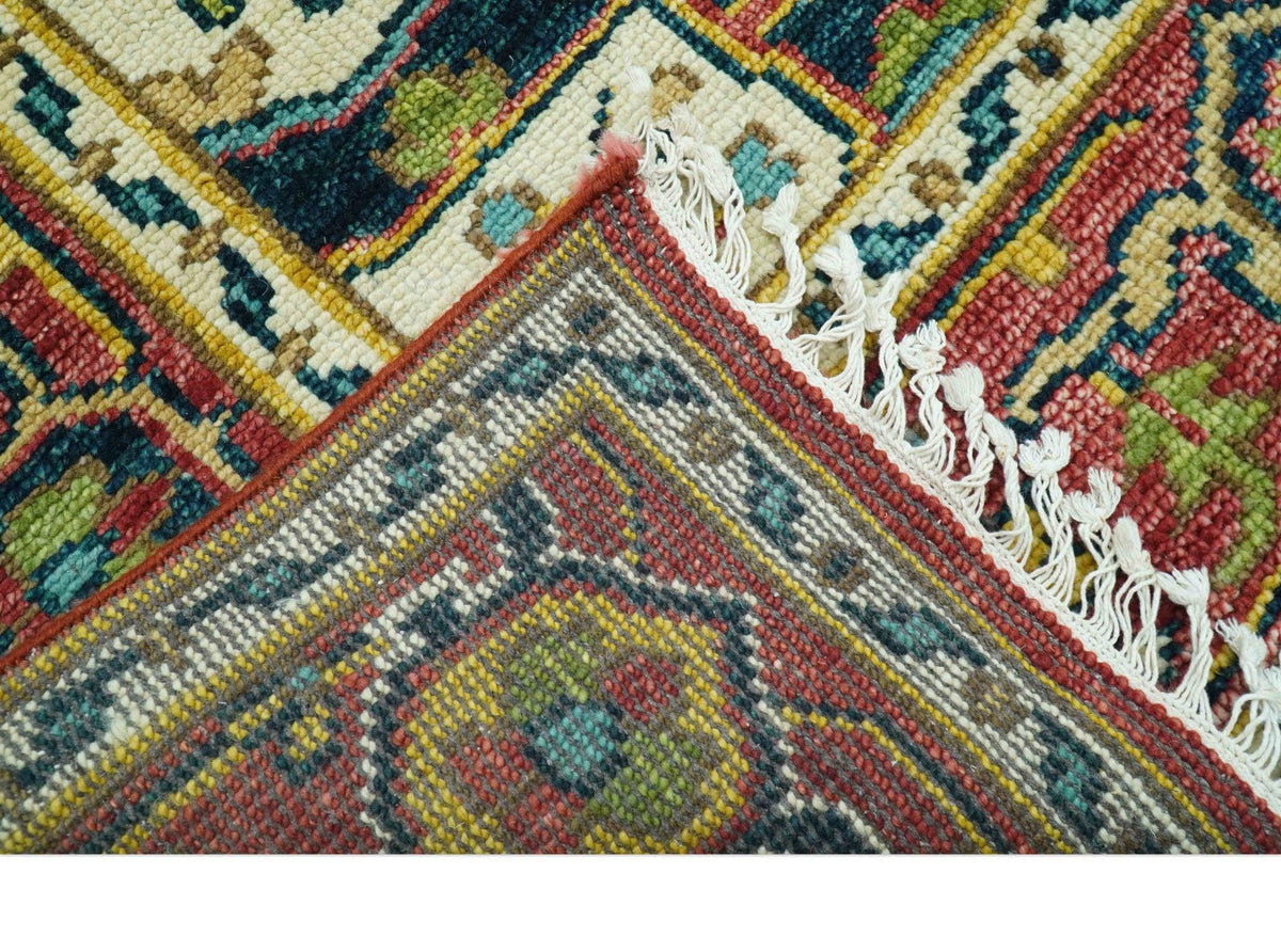 Custom Made Traditional Heriz Red And Ivory Hand Knotted Wool Rug.