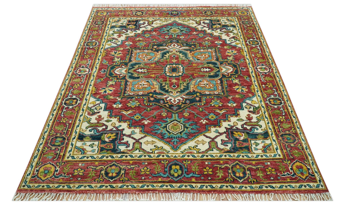 Custom Made Traditional Heriz Red And Ivory Hand Knotted Wool Rug.
