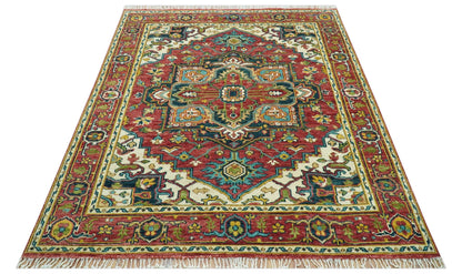 Custom Made Traditional Heriz Red And Ivory Hand Knotted Wool Rug.