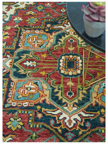 Custom Made Traditional Heriz Red And Ivory Hand Knotted Wool Rug.