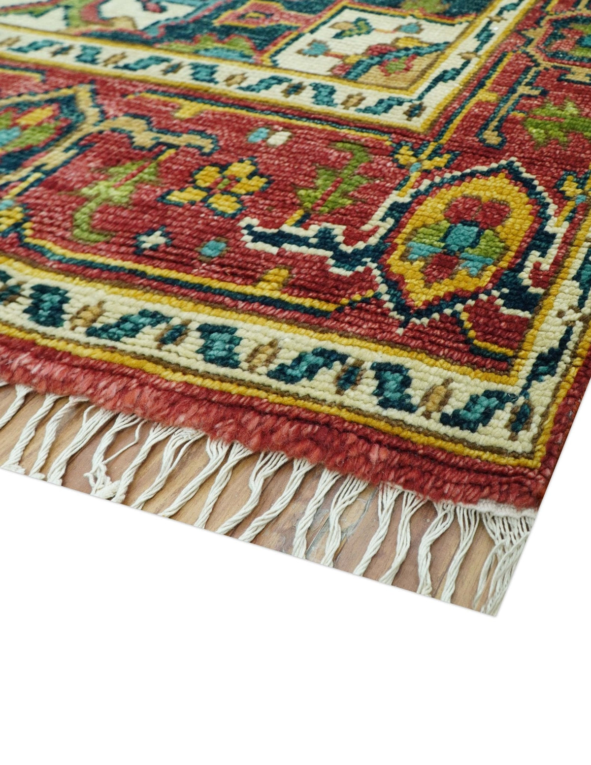 Custom Made Traditional Heriz Red And Ivory Hand Knotted Wool Rug.