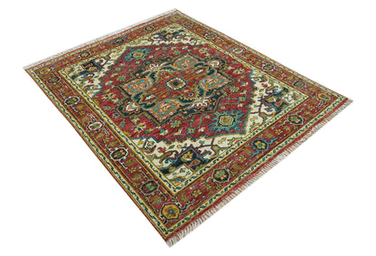 Custom Made Traditional Heriz Red And Ivory Hand Knotted Wool Rug.