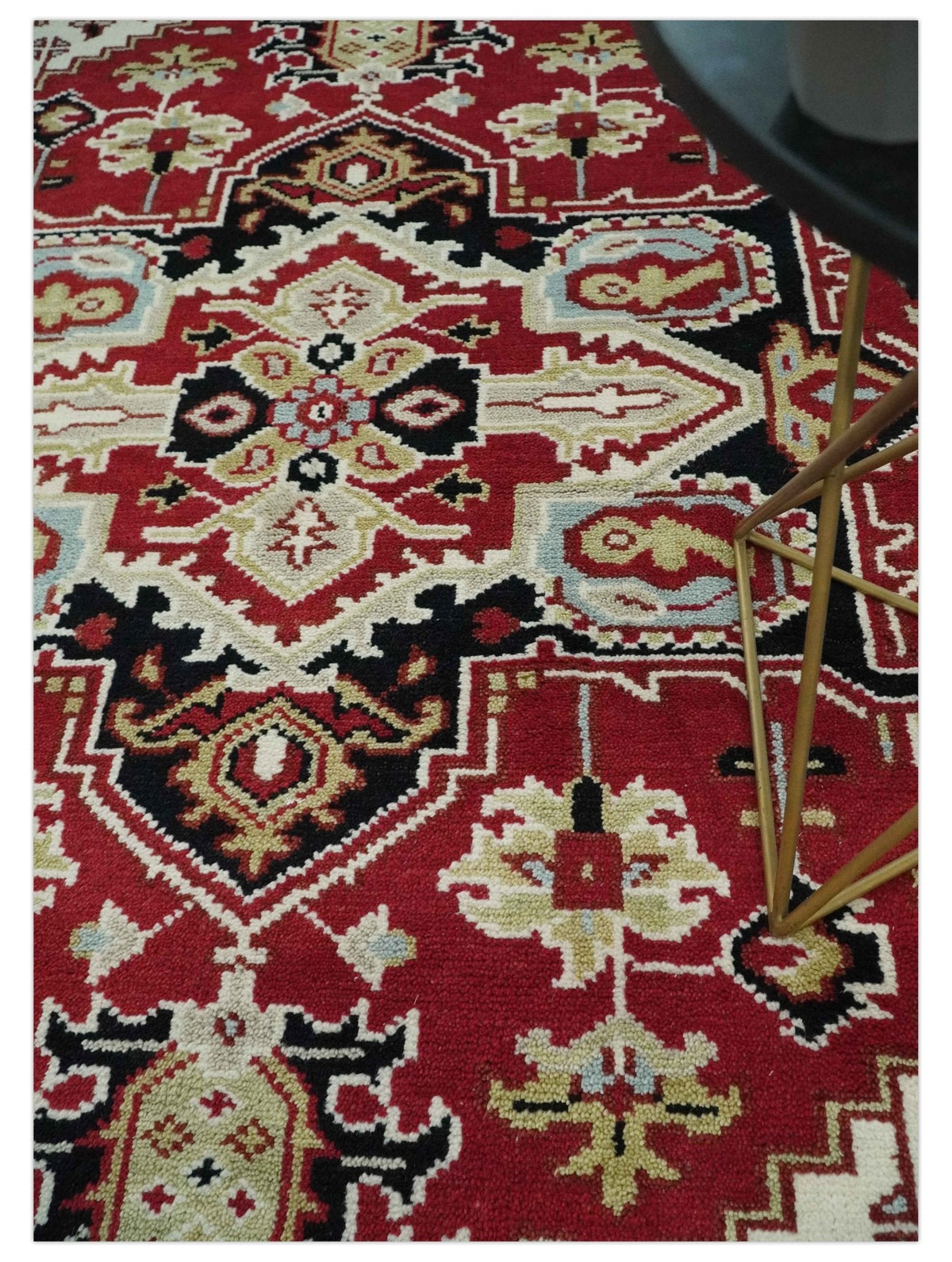 Custom Made Traditional Heriz Rust, Ivory, Black and Beige Hand knotted Medallion Wool Area Rug.