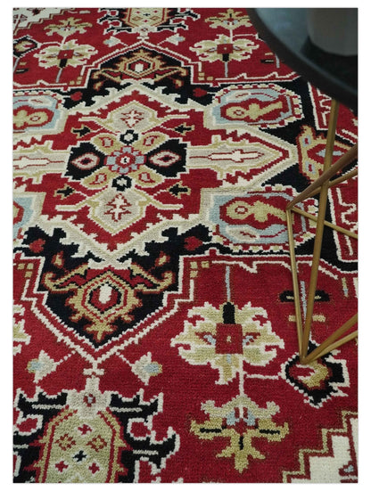 Custom Made Traditional Heriz Rust, Ivory, Black and Beige Hand knotted Medallion Wool Area Rug.