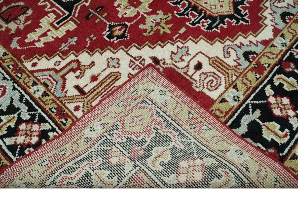 Custom Made Traditional Heriz Rust, Ivory, Black and Beige Hand knotted Medallion Wool Area Rug.