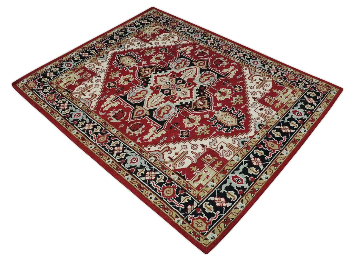 Custom Made Traditional Heriz Rust, Ivory, Black and Beige Hand knotted Medallion Wool Area Rug.