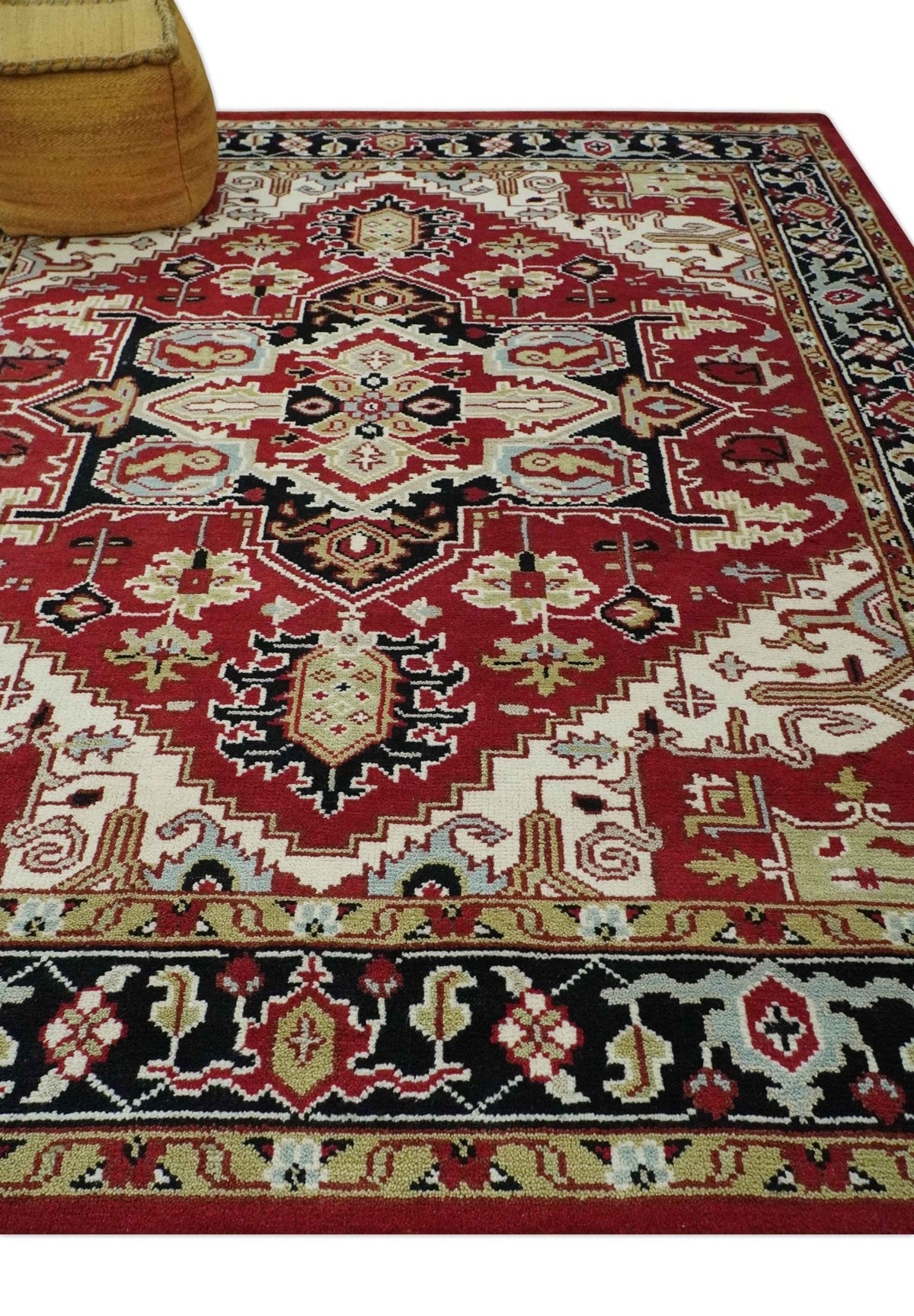 Custom Made Traditional Heriz Rust, Ivory, Black and Beige Hand knotted Medallion Wool Area Rug.