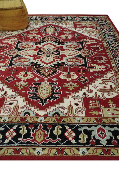 Custom Made Traditional Heriz Rust, Ivory, Black and Beige Hand knotted Medallion Wool Area Rug.