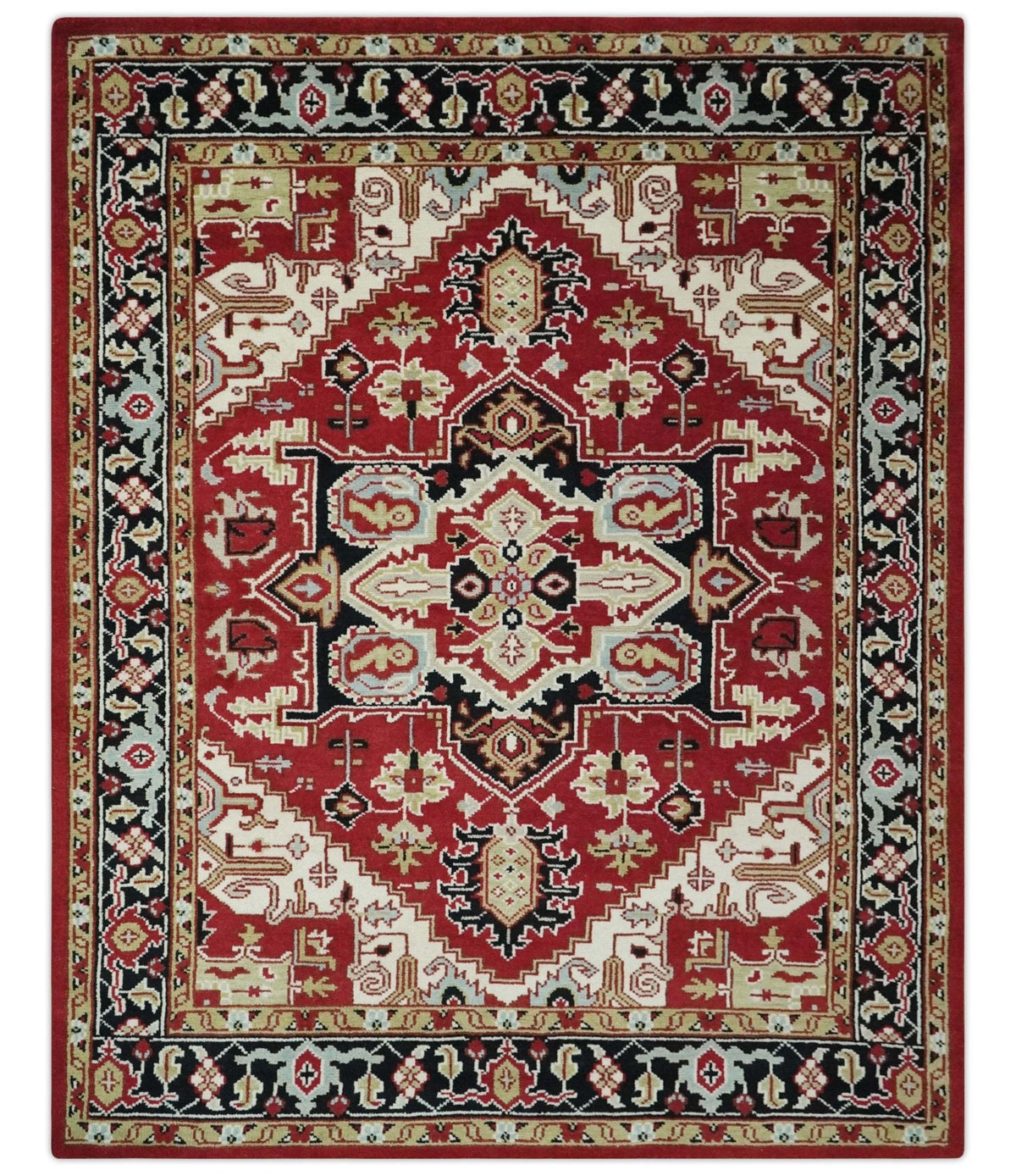 Custom Made Traditional Heriz Rust, Ivory, Black and Beige Hand knotted Medallion Wool Area Rug.