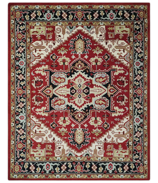 Custom Made Traditional Heriz Rust, Ivory, Black and Beige Hand knotted Medallion Wool Area Rug.